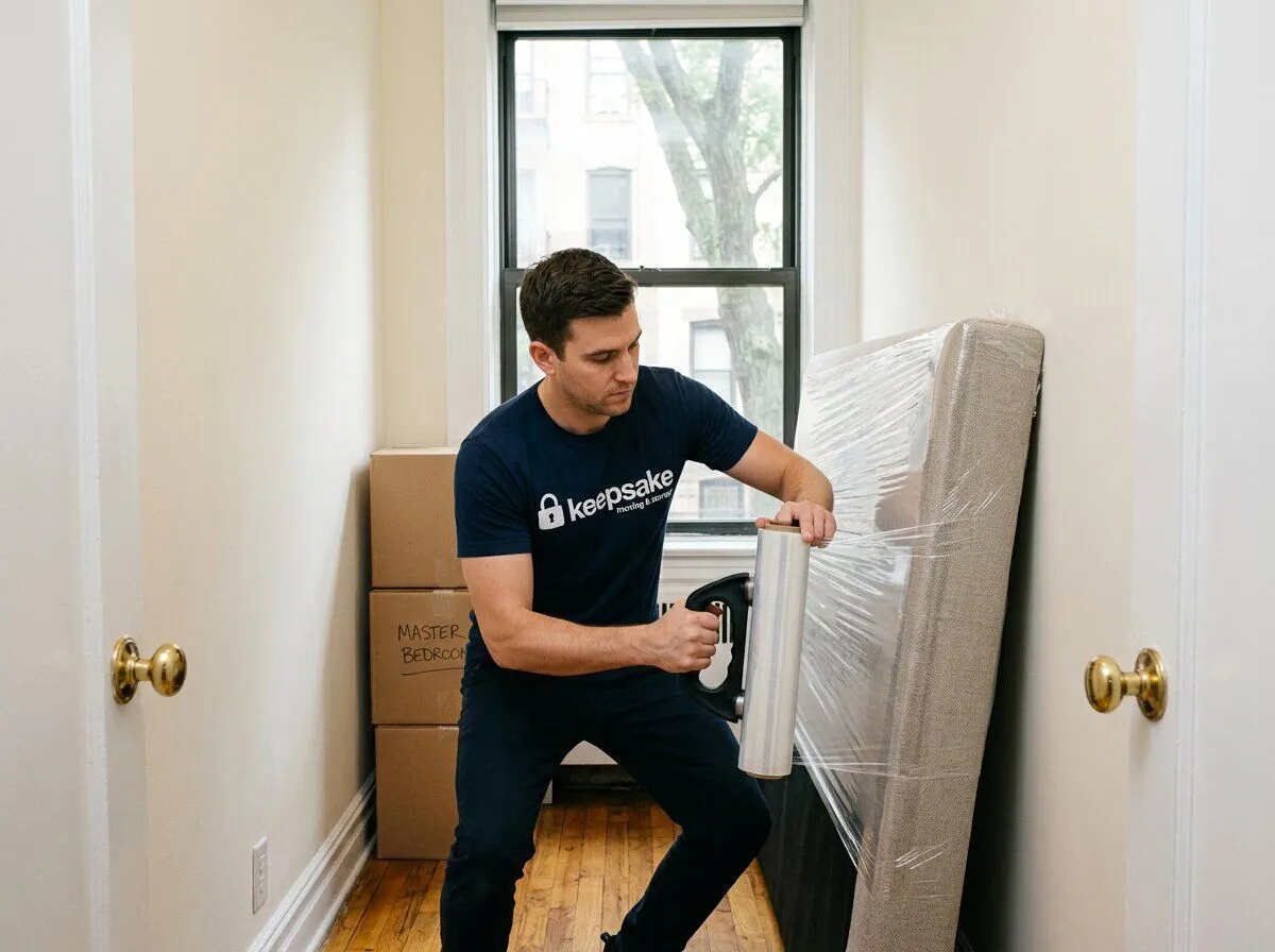 A Keepsake mover stretching shrink wrap over an upholstered headboard, packed bedroom boxes beside him