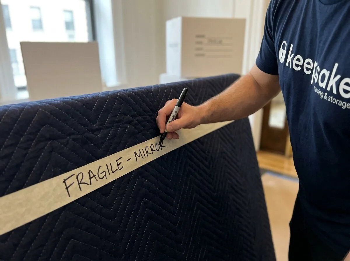 A mover writing FRAGILE, MIRROR on the tape across a blanket-wrapped piece