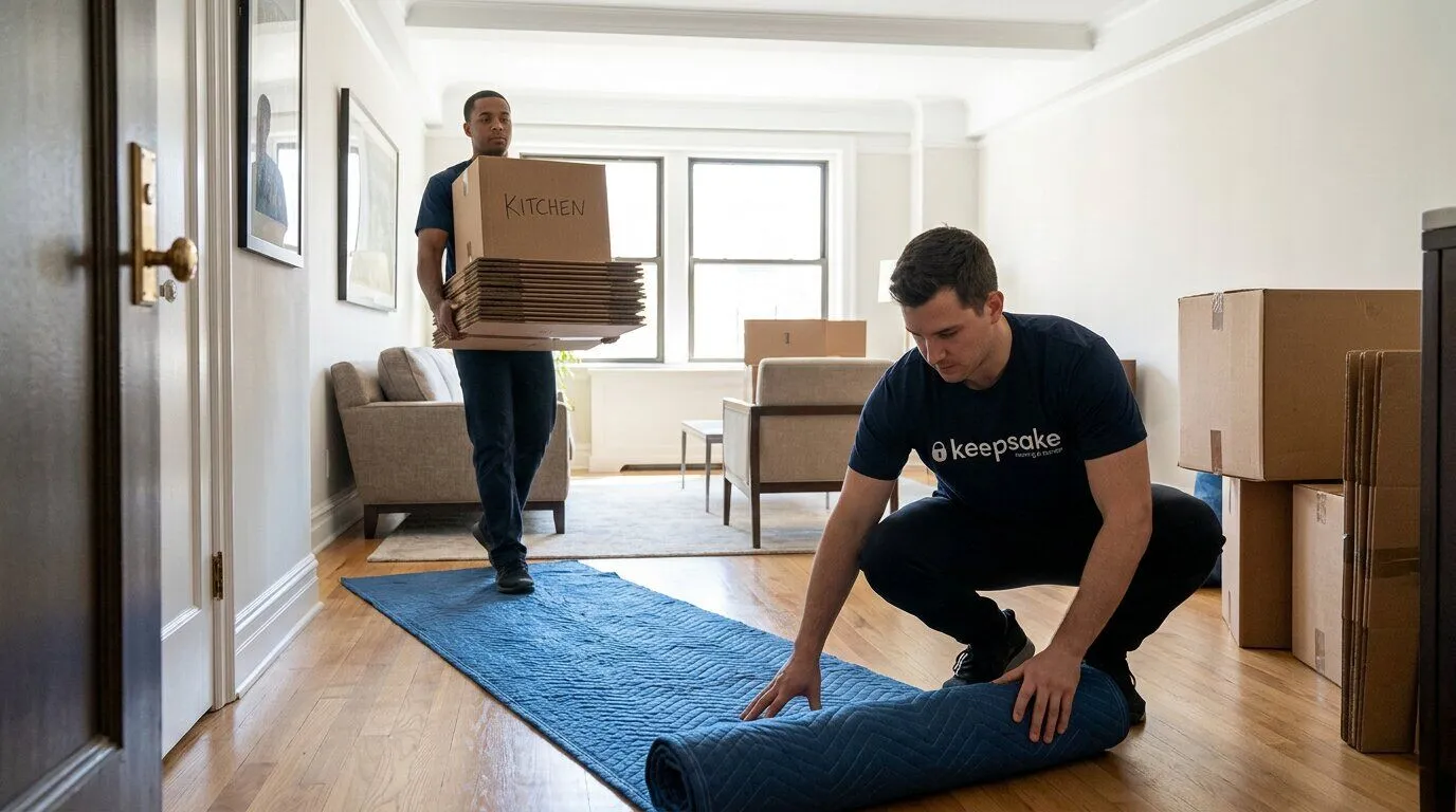Illustrative scene of three movers easing a pad-wrapped armchair around a turn in a wooden staircase